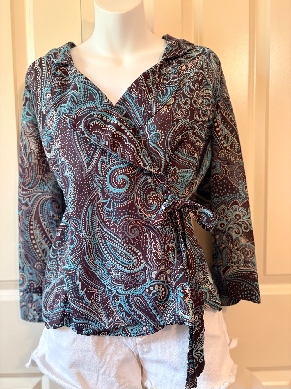 Womens Paisley Wrap Blouse in Teal and Brown, size 14/16